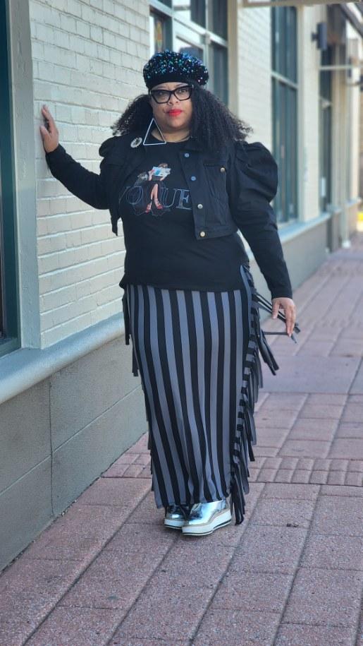 STRIPED PRINT FRINGED MAXI SKIRT